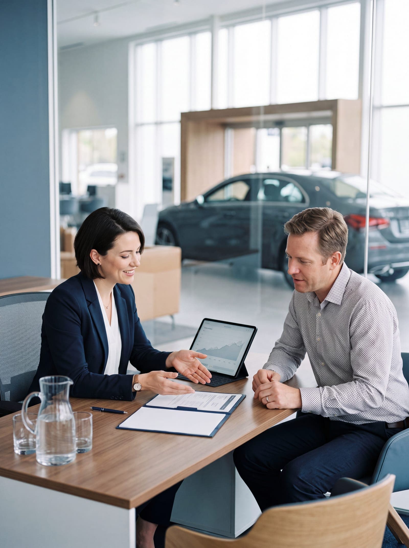 A finance and insurance manager reviewing paperwork with a customer