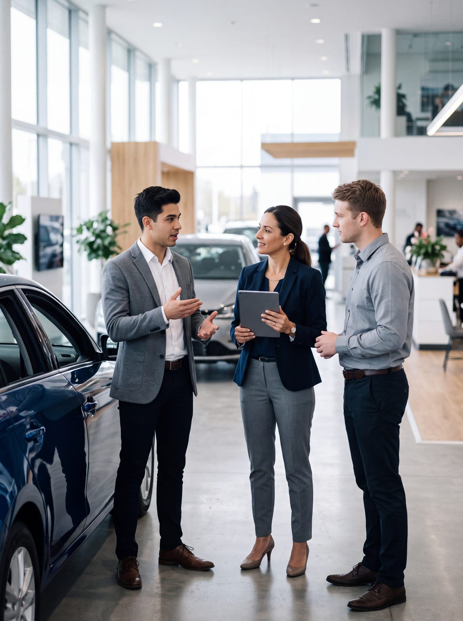 A dealership manager coaching team members on the showroom floor