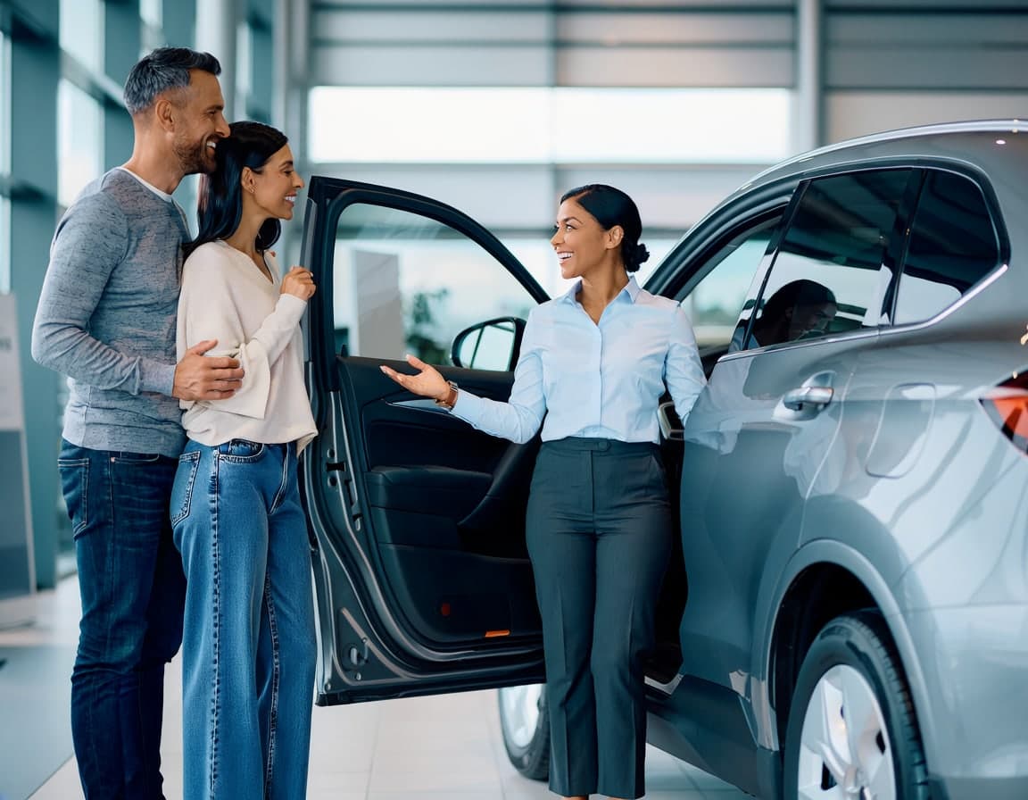 A salesperson showing a couple a new SUV on the dealership showroom floor